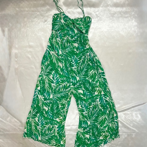 Lush Green Palm Leaf Jumpsuit Women’s M Tie Front Cutout Wide Leg Pockets - Picture 2 of 14
